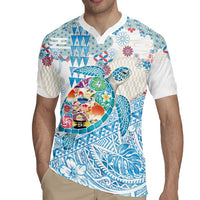 Hawaiian and Japanese Culture Together Rugby Jersey Tropical Honu with Japanese Elements Blue Color