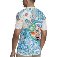 Hawaiian and Japanese Culture Together Rugby Jersey Tropical Honu with Japanese Elements Blue Color