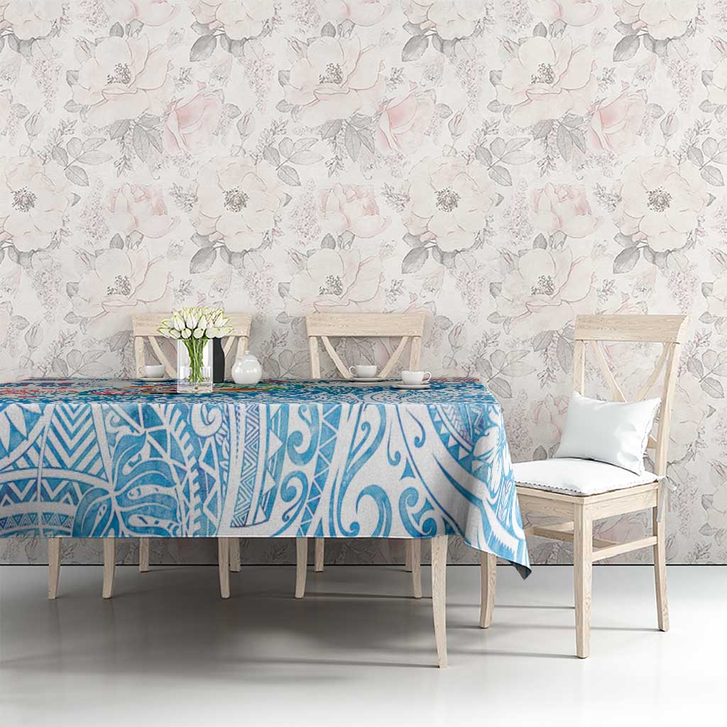 Hawaiian and Japanese Culture Together Tablecloth Tropical Honu with Japanese Elements Blue Color