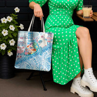 Hawaiian and Japanese Culture Together Tote Bag Tropical Honu with Japanese Elements Blue Color