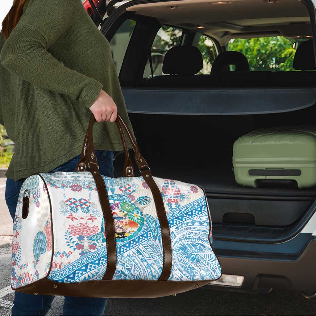 Hawaiian and Japanese Culture Together Travel Bag Tropical Honu with Japanese Elements Blue Color