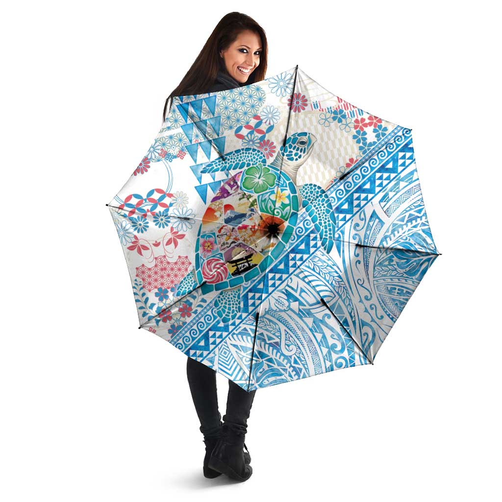 Hawaiian and Japanese Culture Together Umbrella Tropical Honu with Japanese Elements Blue Color