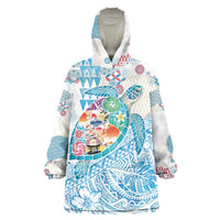 Hawaiian and Japanese Culture Together Wearable Blanket Hoodie Tropical Honu with Japanese Elements Blue Color LT03 One Size Blue - Polynesian Pride