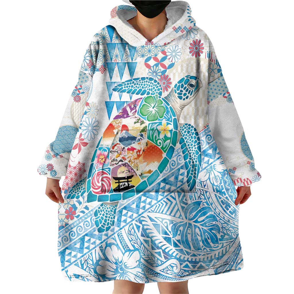 Hawaiian and Japanese Culture Together Wearable Blanket Hoodie Tropical Honu with Japanese Elements Blue Color LT03 - Polynesian Pride