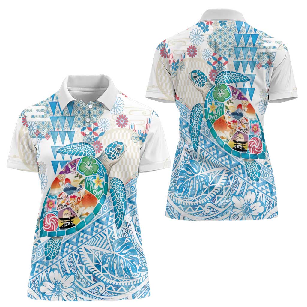 Hawaiian and Japanese Culture Together Women Polo Shirt Tropical Honu with Japanese Elements Blue Color LT03 - Polynesian Pride