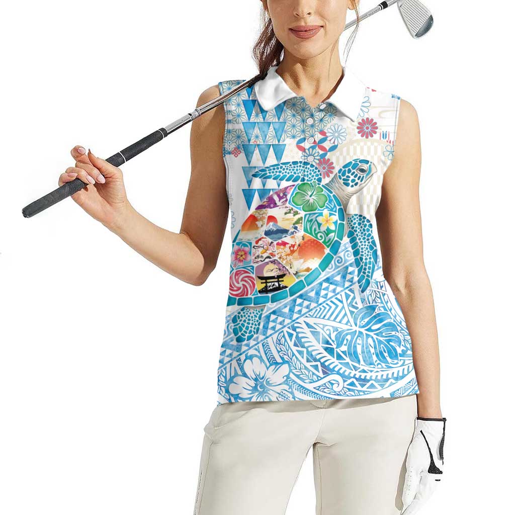 Hawaiian and Japanese Culture Together Women Sleeveless Polo Shirt Tropical Honu with Japanese Elements Blue Color LT03 - Polynesian Pride