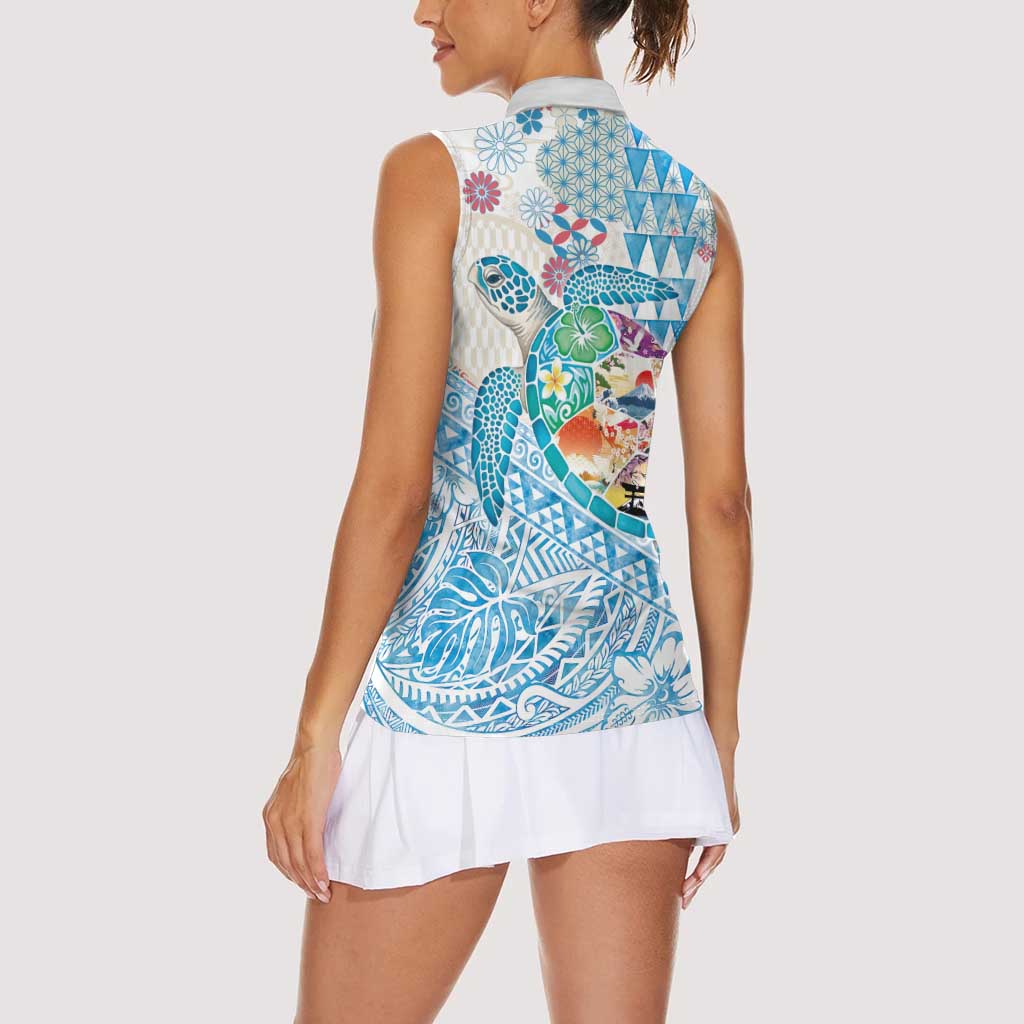 Hawaiian and Japanese Culture Together Women Sleeveless Polo Shirt Tropical Honu with Japanese Elements Blue Color LT03 - Polynesian Pride