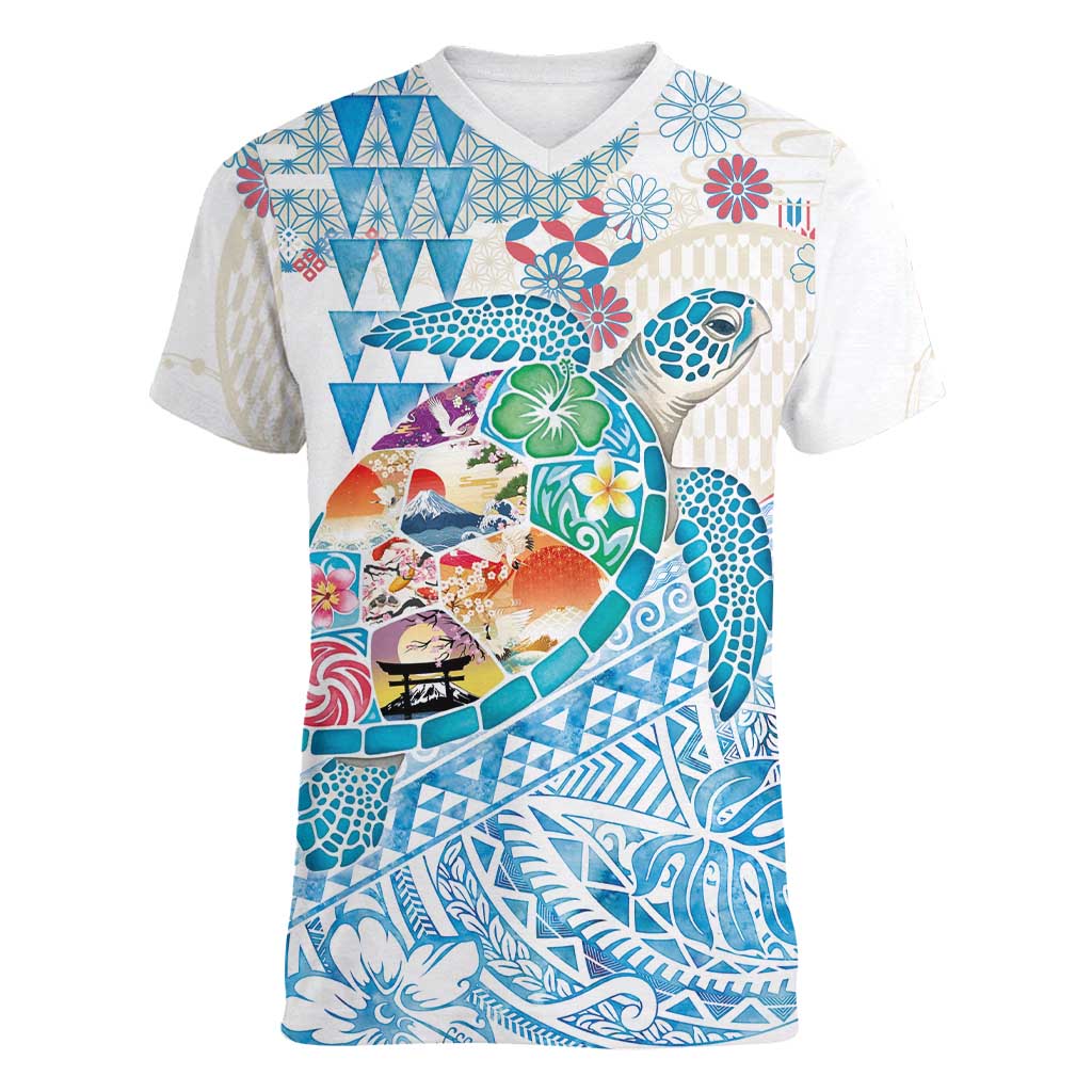 Hawaiian and Japanese Culture Together Women V-Neck T-Shirt Tropical Honu with Japanese Elements Blue Color LT03 Female Blue - Polynesian Pride