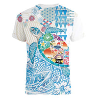 Hawaiian and Japanese Culture Together Women V-Neck T-Shirt Tropical Honu with Japanese Elements Blue Color LT03 - Polynesian Pride