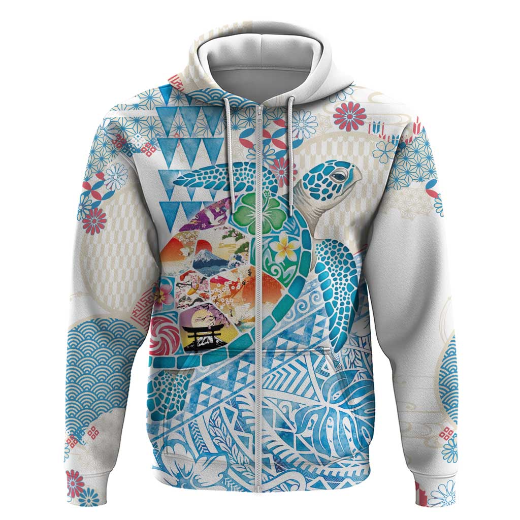 Hawaiian and Japanese Culture Together Zip Hoodie Tropical Honu with Japanese Elements Blue Color