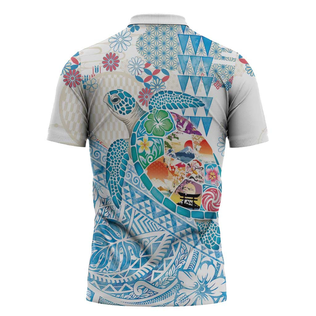 Hawaiian and Japanese Culture Together Zipper Polo Shirt Tropical Honu with Japanese Elements Blue Color