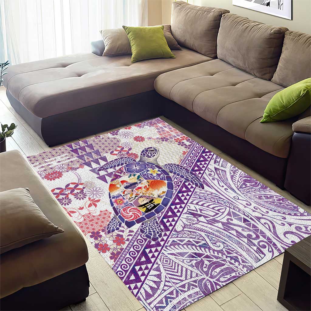 Hawaiian and Japanese Culture Together Area Rug Tropical Honu with Japanese Elements Purple Color LT03 - Polynesian Pride