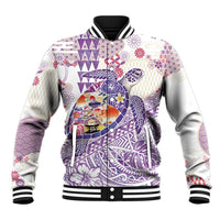 Hawaiian and Japanese Culture Together Baseball Jacket Tropical Honu with Japanese Elements Purple Color