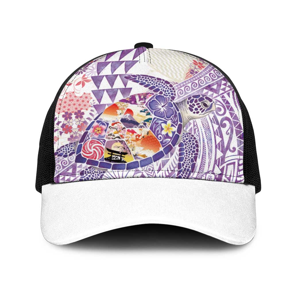 Hawaiian and Japanese Culture Together Baseball Net Cap Tropical Honu with Japanese Elements Purple Color