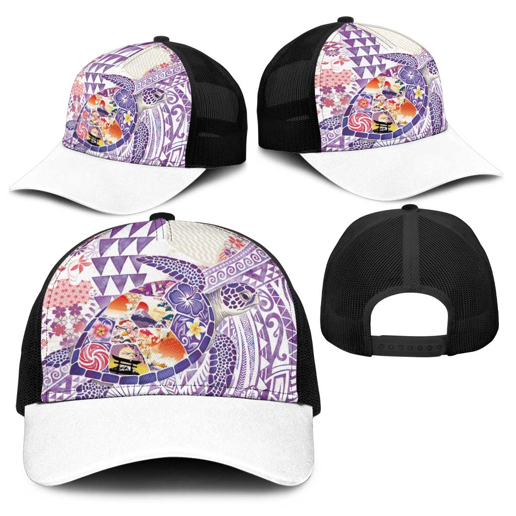 Hawaiian and Japanese Culture Together Baseball Net Cap Tropical Honu with Japanese Elements Purple Color