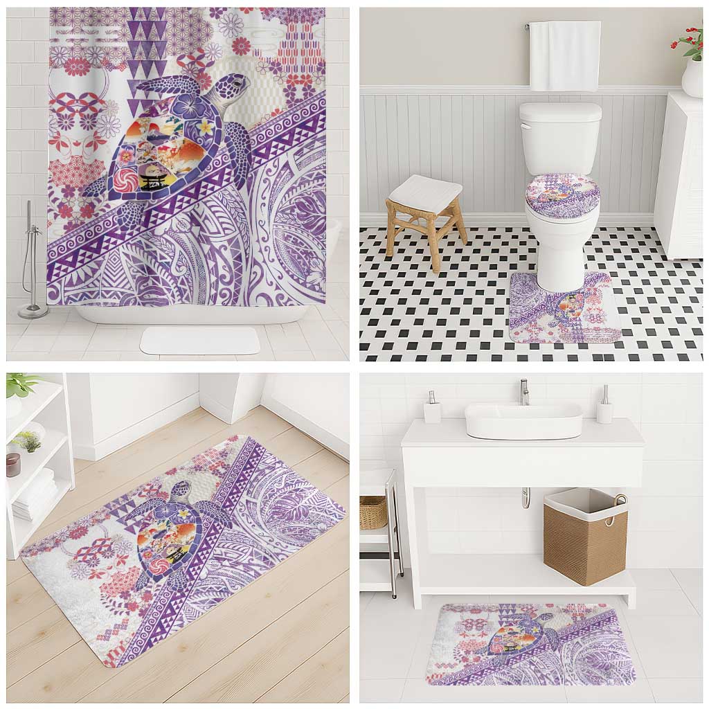Hawaiian and Japanese Culture Together Bathroom Set Tropical Honu with Japanese Elements Purple Color