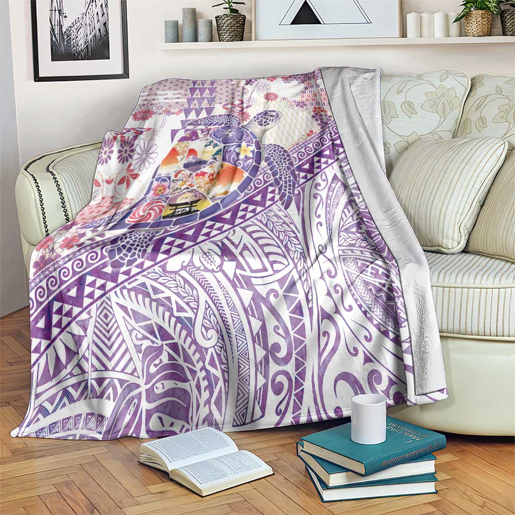 Hawaiian and Japanese Culture Together Blanket Tropical Honu with Japanese Elements Purple Color