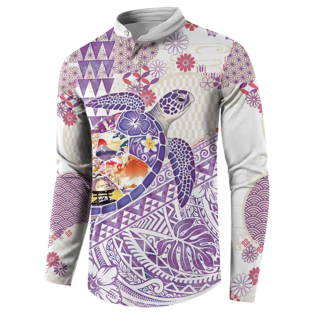Hawaiian and Japanese Culture Together Button Sweatshirt Tropical Honu with Japanese Elements Purple Color