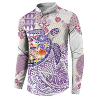 Hawaiian and Japanese Culture Together Button Sweatshirt Tropical Honu with Japanese Elements Purple Color