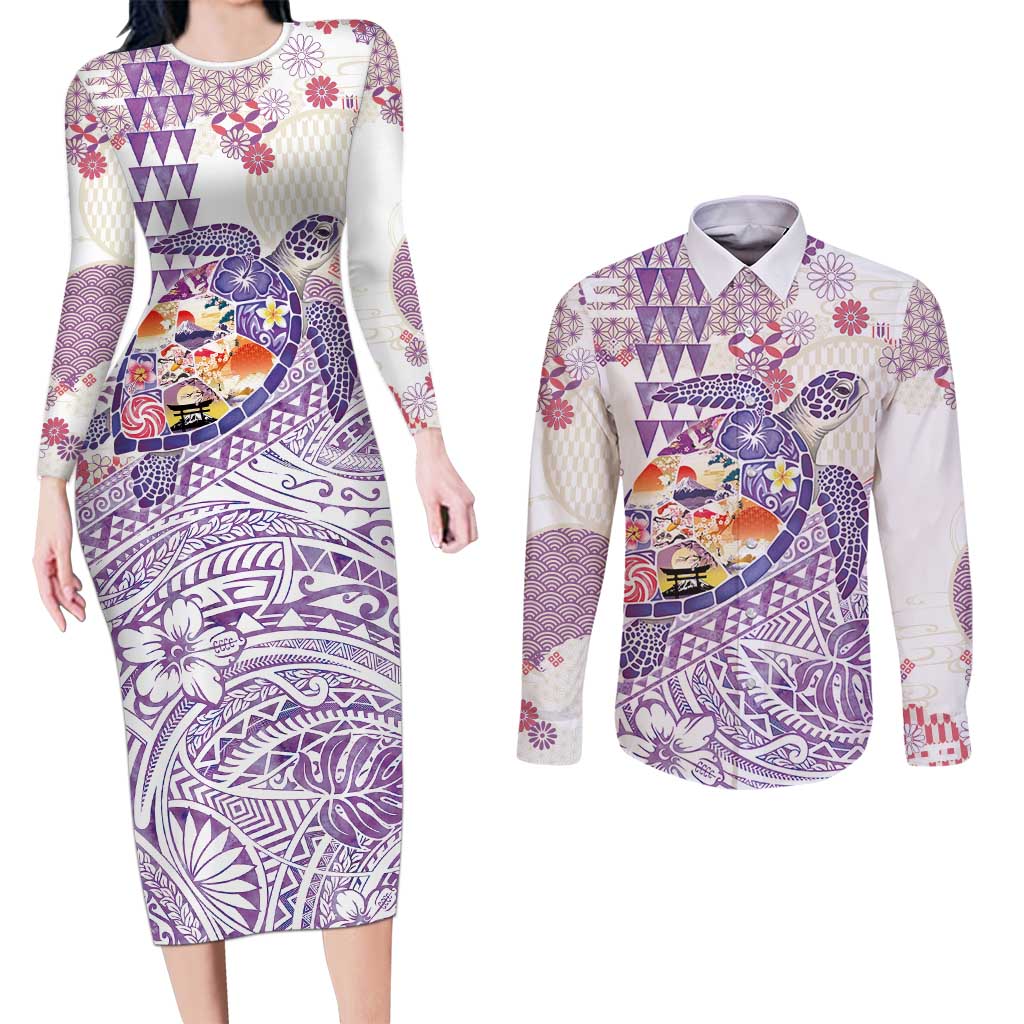 Hawaiian and Japanese Culture Together Couples Matching Long Sleeve Bodycon Dress and Long Sleeve Button Shirt Tropical Honu with Japanese Elements Purple Color LT03 Purple - Polynesian Pride