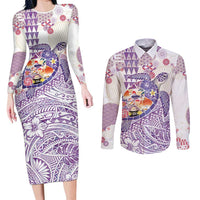 Hawaiian and Japanese Culture Together Couples Matching Long Sleeve Bodycon Dress and Long Sleeve Button Shirt Tropical Honu with Japanese Elements Purple Color LT03 Purple - Polynesian Pride