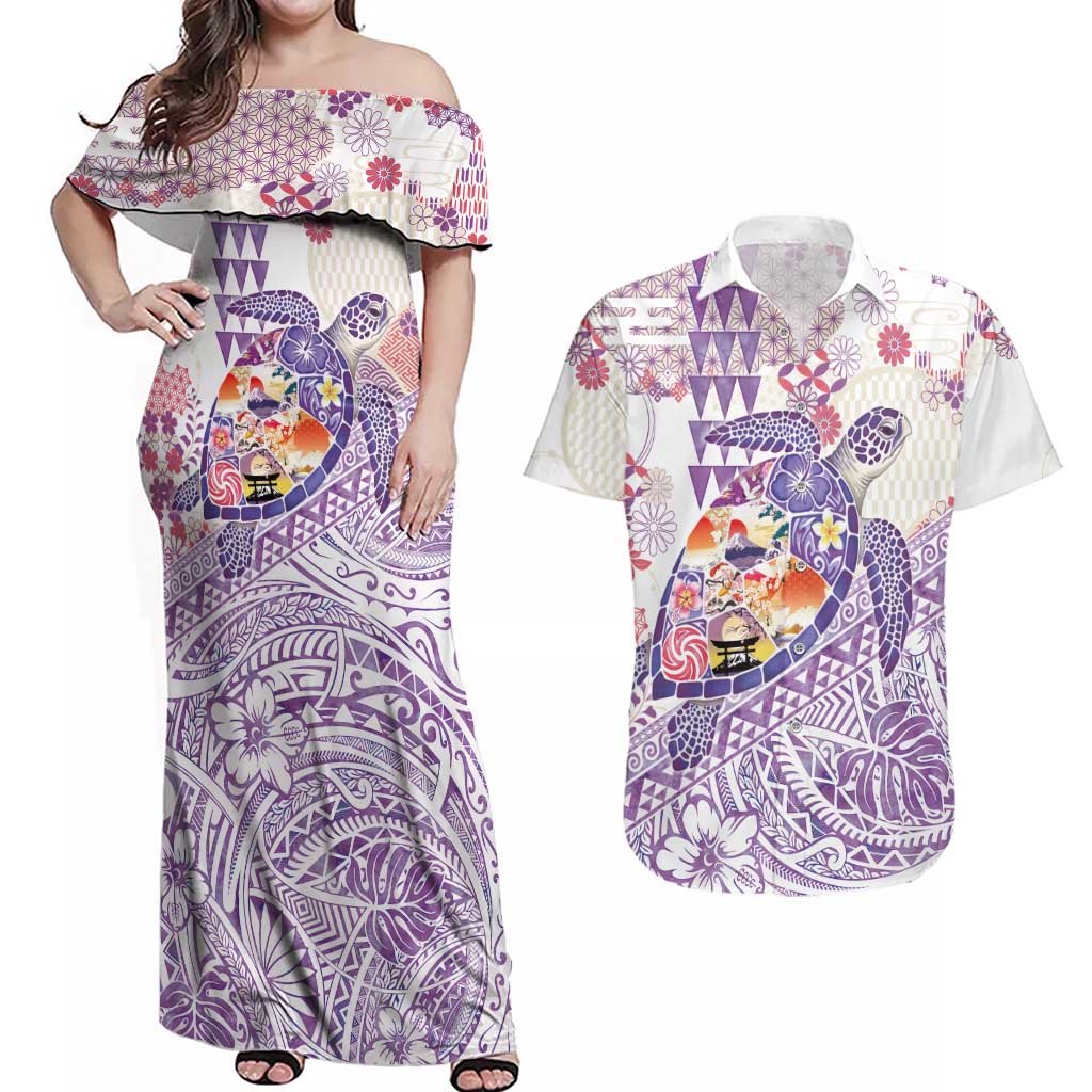 Hawaiian and Japanese Culture Together Couples Matching Off Shoulder Maxi Dress and Hawaiian Shirt Tropical Honu with Japanese Elements Purple Color LT03 Purple - Polynesian Pride