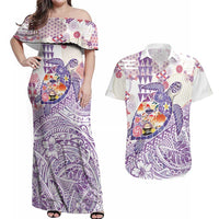 Hawaiian and Japanese Culture Together Couples Matching Off Shoulder Maxi Dress and Hawaiian Shirt Tropical Honu with Japanese Elements Purple Color LT03 Purple - Polynesian Pride