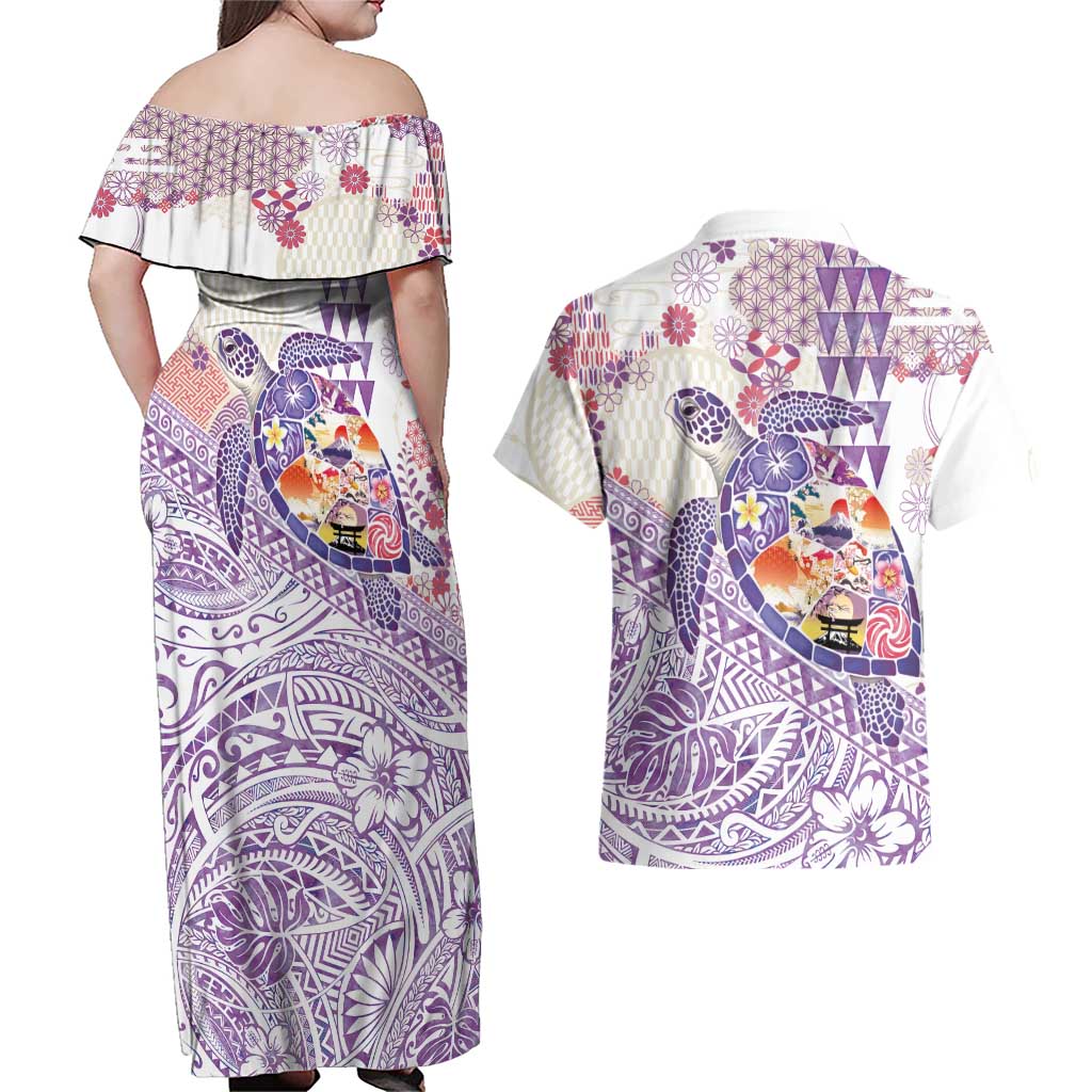 Hawaiian and Japanese Culture Together Couples Matching Off Shoulder Maxi Dress and Hawaiian Shirt Tropical Honu with Japanese Elements Purple Color LT03 - Polynesian Pride