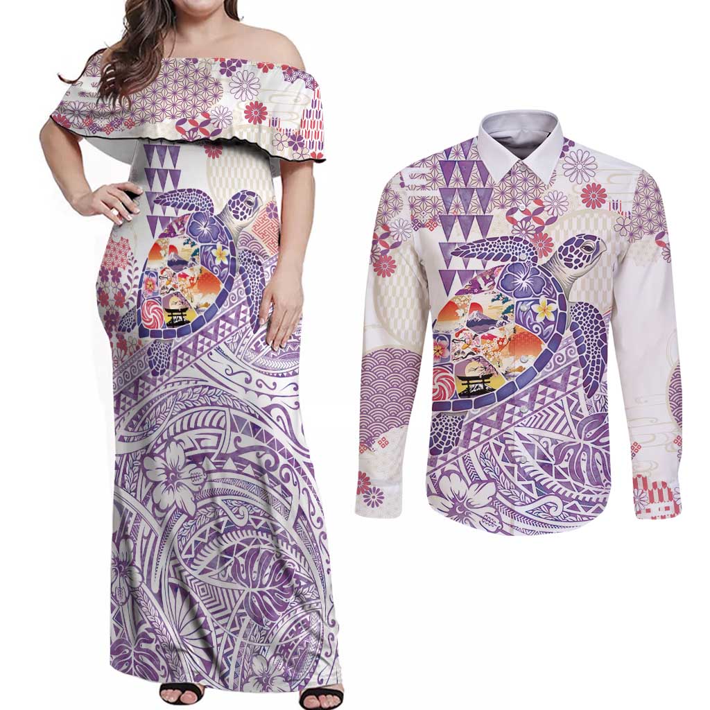 Hawaiian and Japanese Culture Together Couples Matching Off Shoulder Maxi Dress and Long Sleeve Button Shirt Tropical Honu with Japanese Elements Purple Color LT03 Purple - Polynesian Pride