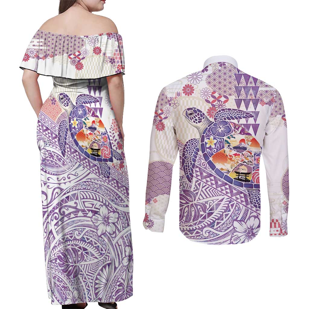 Hawaiian and Japanese Culture Together Couples Matching Off Shoulder Maxi Dress and Long Sleeve Button Shirt Tropical Honu with Japanese Elements Purple Color LT03 - Polynesian Pride