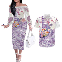 Hawaiian and Japanese Culture Together Couples Matching Off The Shoulder Long Sleeve Dress and Hawaiian Shirt Tropical Honu with Japanese Elements Purple Color LT03 Purple - Polynesian Pride