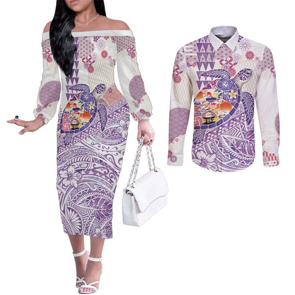 Hawaiian and Japanese Culture Together Couples Matching Off The Shoulder Long Sleeve Dress and Long Sleeve Button Shirt Tropical Honu with Japanese Elements Purple Color LT03 Purple - Polynesian Pride