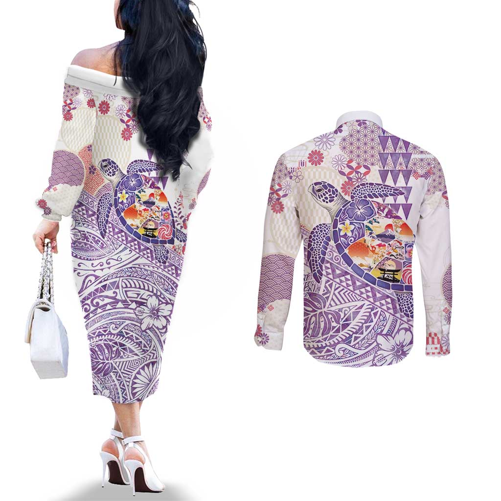 Hawaiian and Japanese Culture Together Couples Matching Off The Shoulder Long Sleeve Dress and Long Sleeve Button Shirt Tropical Honu with Japanese Elements Purple Color LT03 - Polynesian Pride