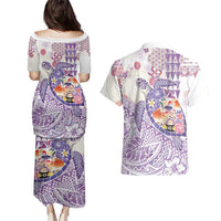 Hawaiian and Japanese Culture Together Couples Matching Puletasi and Hawaiian Shirt Tropical Honu with Japanese Elements Purple Color LT03 - Polynesian Pride