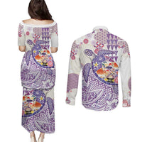 Hawaiian and Japanese Culture Together Couples Matching Puletasi and Long Sleeve Button Shirt Tropical Honu with Japanese Elements Purple Color LT03 - Polynesian Pride