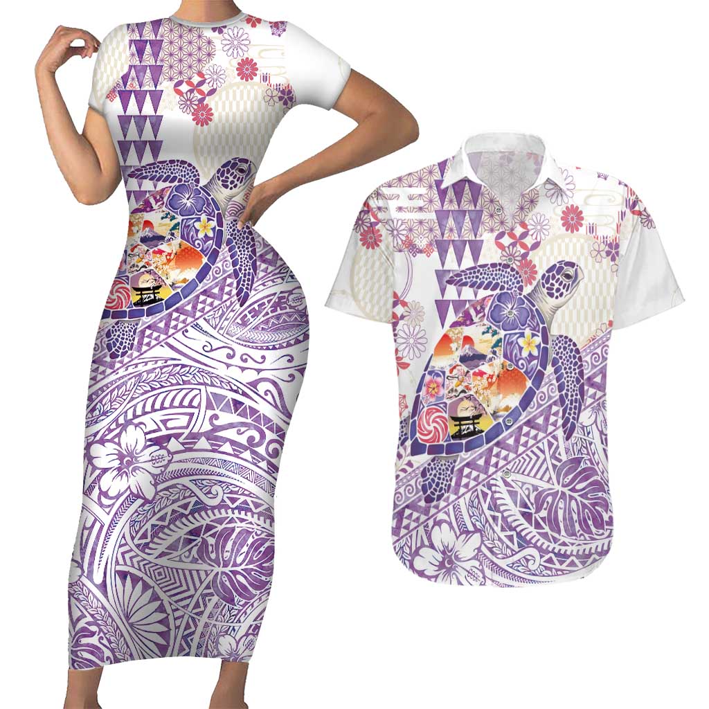 Hawaiian and Japanese Culture Together Couples Matching Short Sleeve Bodycon Dress and Hawaiian Shirt Tropical Honu with Japanese Elements Purple Color LT03 Purple - Polynesian Pride