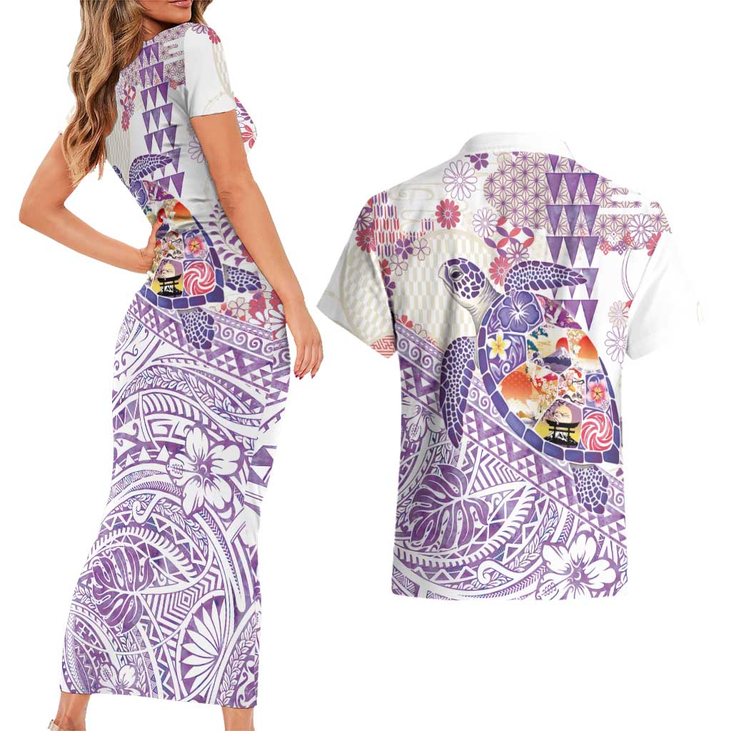 Hawaiian and Japanese Culture Together Couples Matching Short Sleeve Bodycon Dress and Hawaiian Shirt Tropical Honu with Japanese Elements Purple Color LT03 - Polynesian Pride