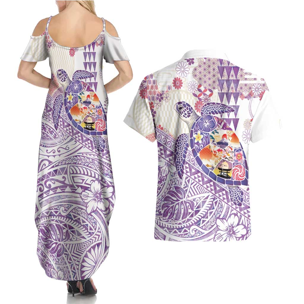 Hawaiian and Japanese Culture Together Couples Matching Summer Maxi Dress and Hawaiian Shirt Tropical Honu with Japanese Elements Purple Color LT03 - Polynesian Pride