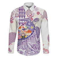 Hawaiian and Japanese Culture Together Family Matching Long Sleeve Bodycon Dress and Hawaiian Shirt Tropical Honu with Japanese Elements Purple Color LT03 Dad's Shirt - Long Sleeve Purple - Polynesian Pride