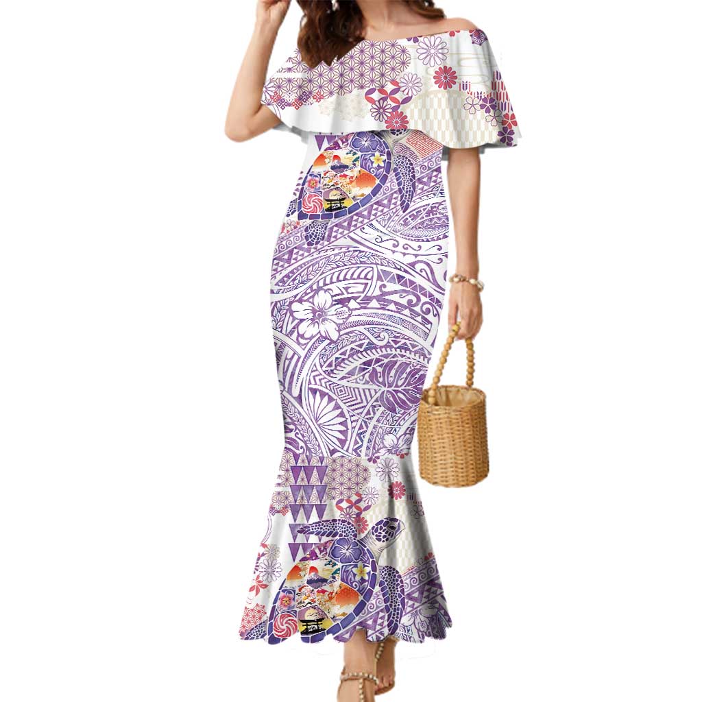 Hawaiian and Japanese Culture Together Family Matching Mermaid Dress and Hawaiian Shirt Tropical Honu with Japanese Elements Purple Color LT03 Mom's Dress Purple - Polynesian Pride