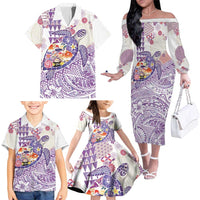 Hawaiian and Japanese Culture Together Family Matching Off The Shoulder Long Sleeve Dress and Hawaiian Shirt Tropical Honu with Japanese Elements Purple Color LT03 - Polynesian Pride