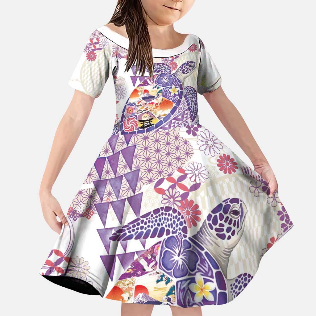 Hawaiian and Japanese Culture Together Family Matching Off Shoulder Maxi Dress and Hawaiian Shirt Tropical Honu with Japanese Elements Purple Color LT03 Daughter's Dress Purple - Polynesian Pride