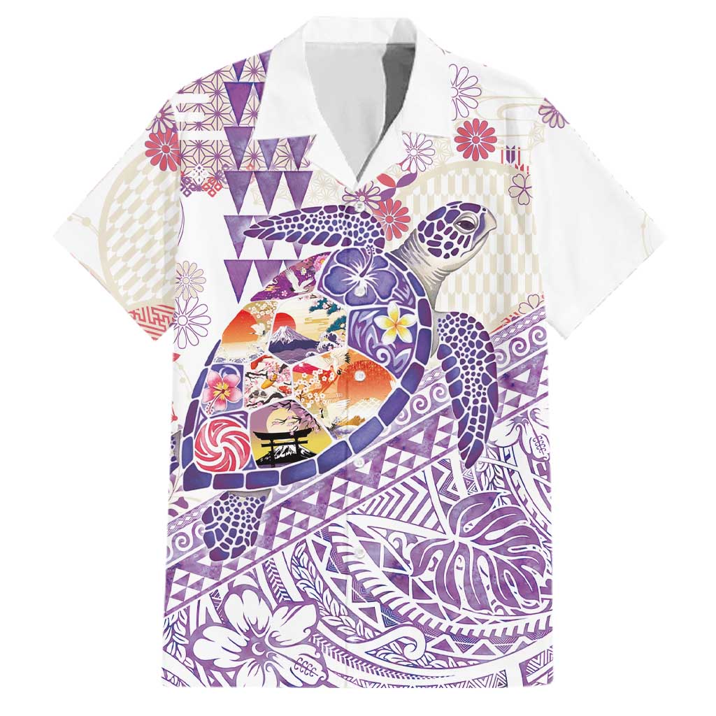 Hawaiian and Japanese Culture Together Family Matching Puletasi and Hawaiian Shirt Tropical Honu with Japanese Elements Purple Color LT03 Dad's Shirt - Short Sleeve Purple - Polynesian Pride