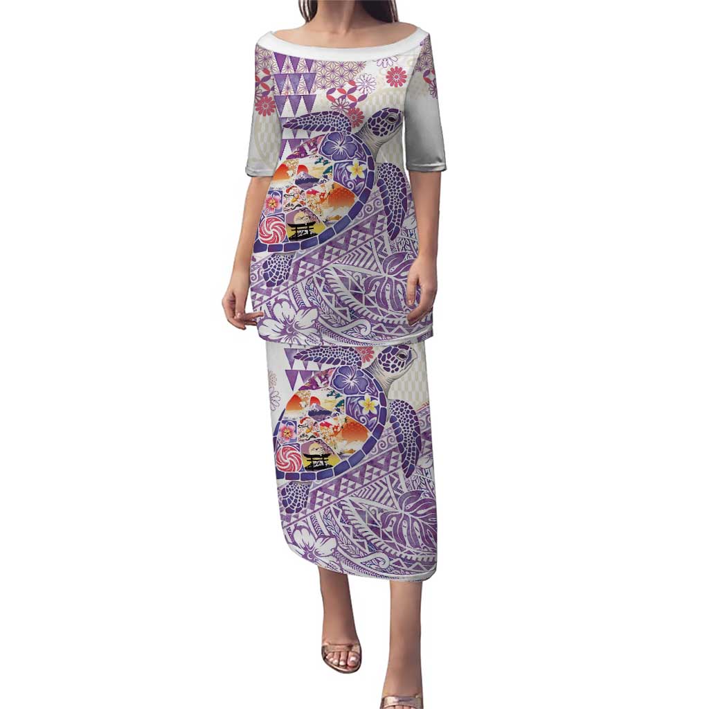 Hawaiian and Japanese Culture Together Family Matching Puletasi and Hawaiian Shirt Tropical Honu with Japanese Elements Purple Color LT03 Mom's Dress Purple - Polynesian Pride