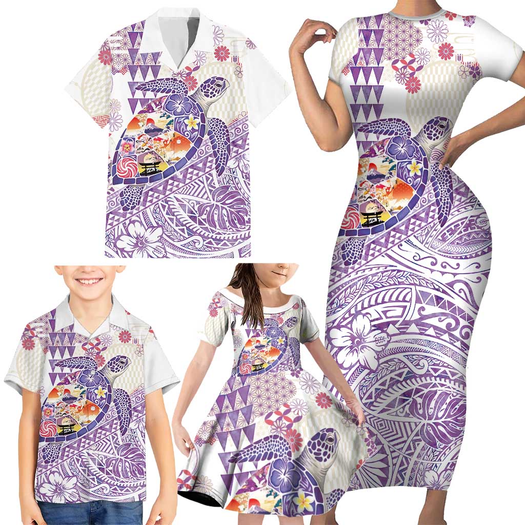 Hawaiian and Japanese Culture Together Family Matching Short Sleeve Bodycon Dress and Hawaiian Shirt Tropical Honu with Japanese Elements Purple Color