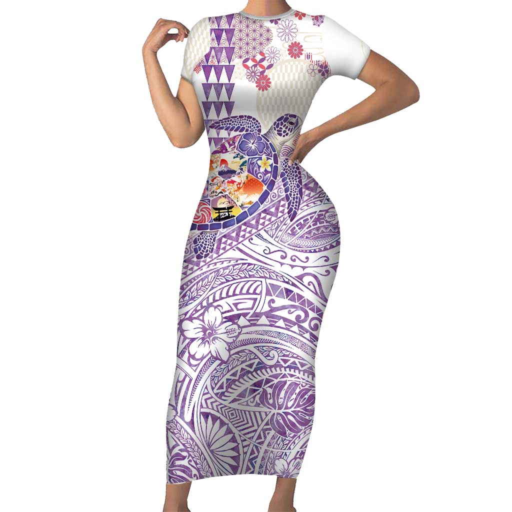 Hawaiian and Japanese Culture Together Family Matching Short Sleeve Bodycon Dress and Hawaiian Shirt Tropical Honu with Japanese Elements Purple Color LT03 Mom's Dress Purple - Polynesian Pride