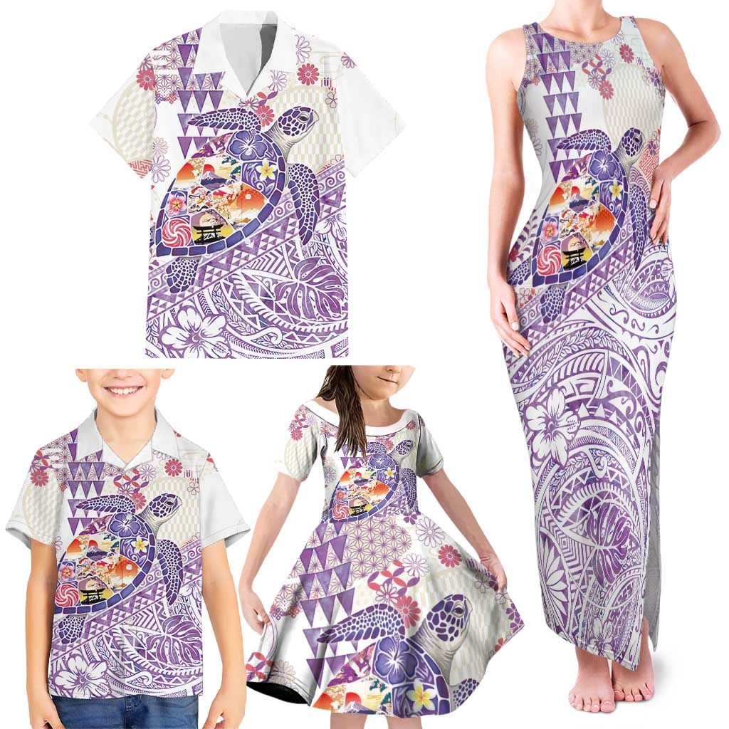 Hawaiian and Japanese Culture Together Family Matching Tank Maxi Dress and Hawaiian Shirt Tropical Honu with Japanese Elements Purple Color LT03 - Polynesian Pride