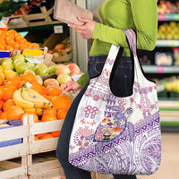 Hawaiian and Japanese Culture Together Grocery Bag Tropical Honu with Japanese Elements Purple Color