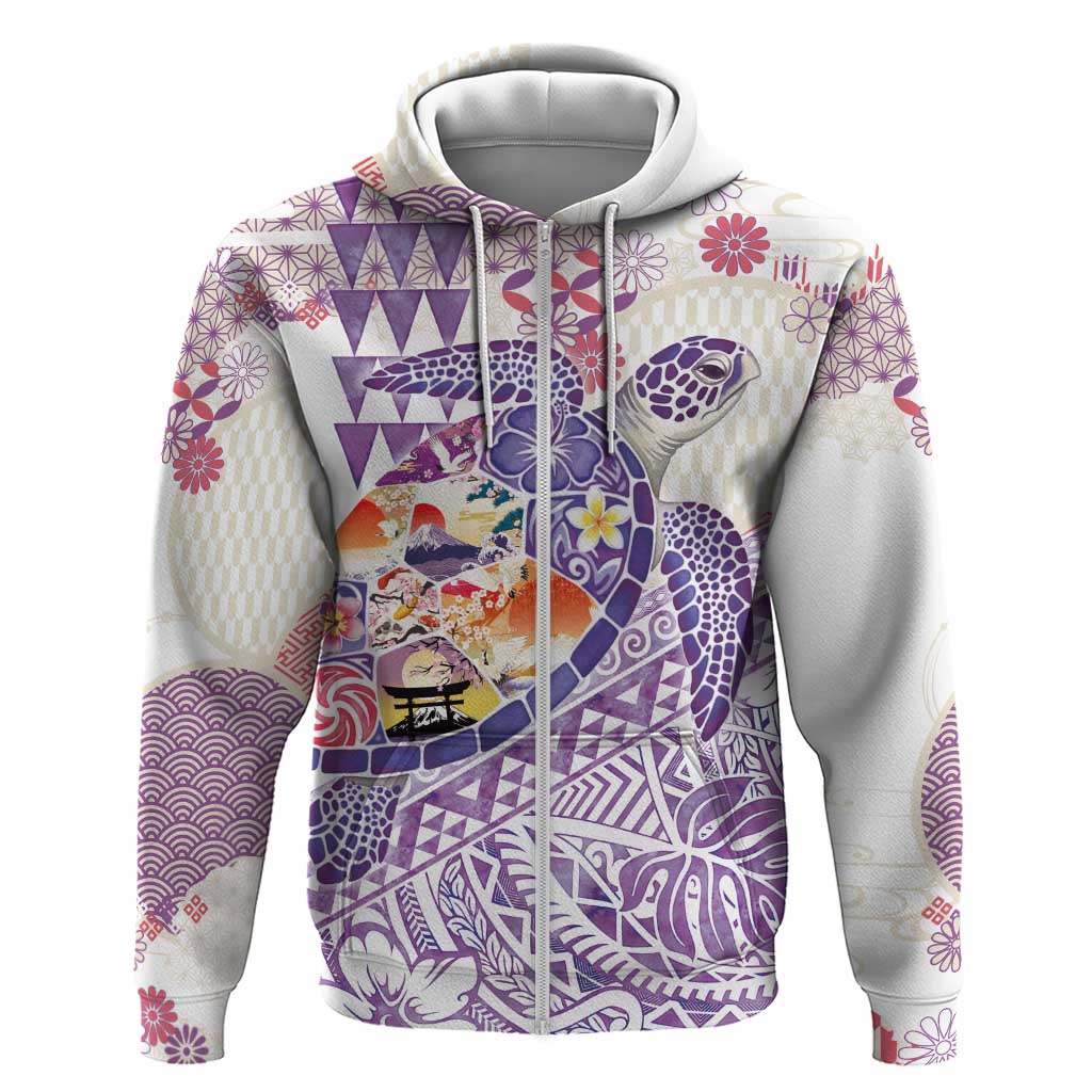 Hawaiian and Japanese Culture Together Hoodie Tropical Honu with Japanese Elements Purple Color LT03 Zip Hoodie Purple - Polynesian Pride