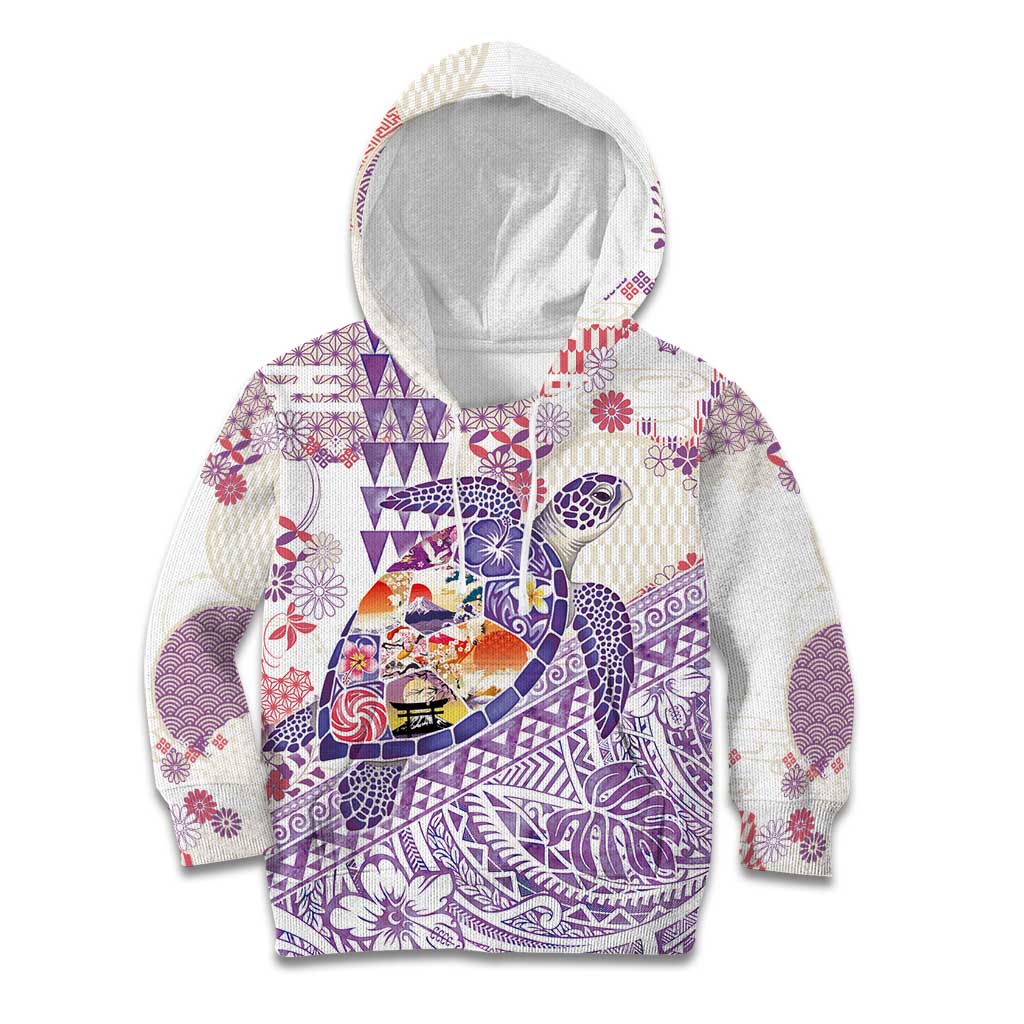 Hawaiian and Japanese Culture Together Kid Hoodie Tropical Honu with Japanese Elements Purple Color